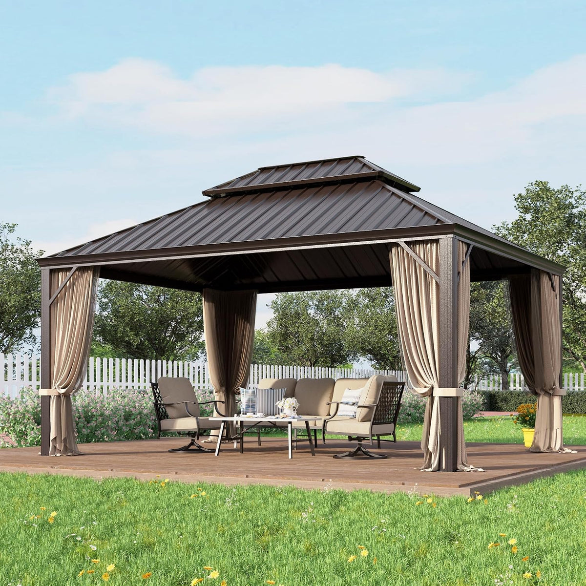 12x20 ft Hardtop Gazebo with Metal Frame, Netting, and Curtains