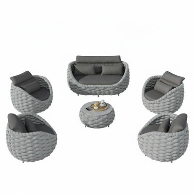 6-Piece Aluminum Patio Furniture Set,Polyester Light Grey W/Table | Olefin Rope Modern Outdoor Conversation Set Sectional Sofa with Water Repellent Thick Cushions for Balcony, Garden