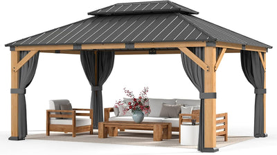 Transform Your Outdoor Space with the Elegant 12' x 16' Wood Gazebo Featuring a Hardtop, Double Galvanized Steel Roof, and Complete Privacy Solutions