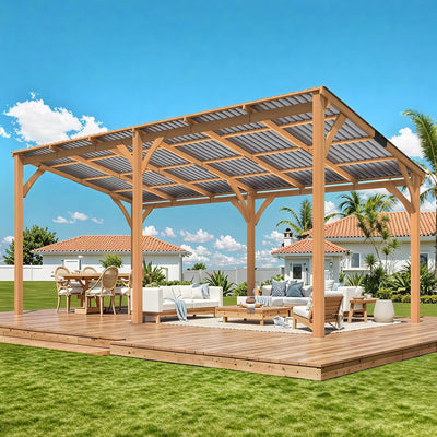 20' x 10' Outdoor Wooden Gazebo - Large Cedar Pergola with Hardtop Design for Patios, Decks, and Backyards, Wall-Mounted Heavy-Duty Awning