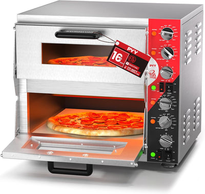 Transform Your Cooking Experience with the 16-Inch Electric Double Decker Pizza Oven - Perfect for Home and Restaurant Use, Featuring a Pizza Stone and 60-Minute Timer, 3200W Power, and Stylish Grey Finish