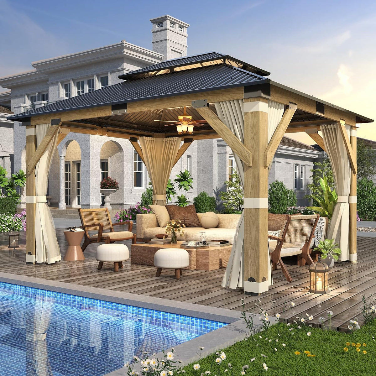 Luxurious 12’X 20’ Outdoor Spruce Wood Gazebo with Elegant Double Roof Design and Versatile Shelving