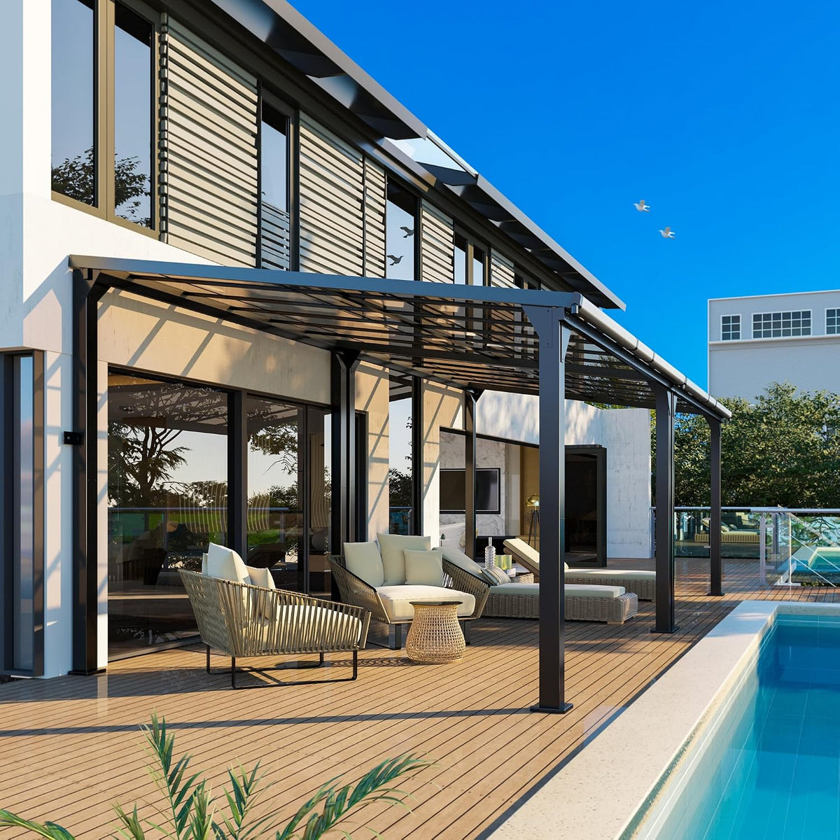 10x12 FT Aluminum Frame Pergola with Thickened Pillars and Enlarged Base, UV Resistant Outdoor Hardtop Lean-to Gazebo