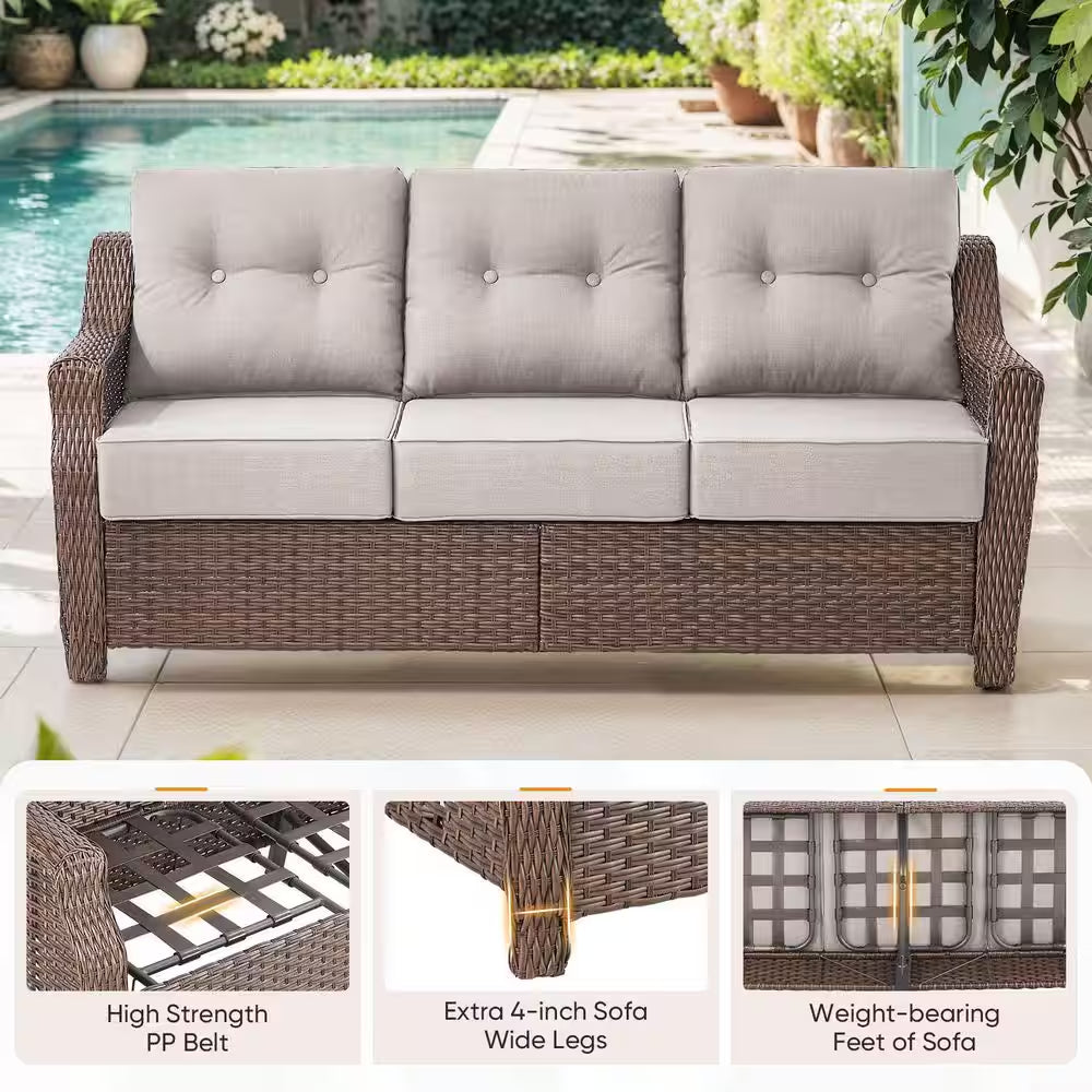Chic Modern Farmhouse 7-Piece Brown Wicker Patio Set with Beige Cushions & Stylish Metal Fire Pit