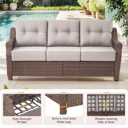 Chic Modern Farmhouse 7-Piece Brown Wicker Patio Set with Beige Cushions & Stylish Metal Fire Pit