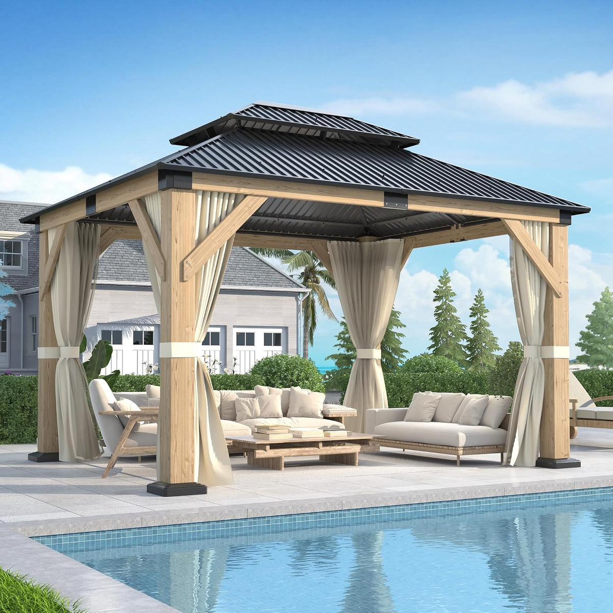 Luxurious 12’X 20’ Outdoor Spruce Wood Gazebo with Elegant Double Roof Design and Versatile Shelving