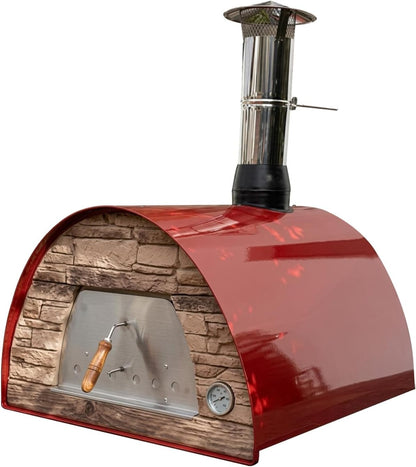 Maximus Red Wood-Fired Portable Outdoor Pizza Oven - Handmade in Portugal with Stainless Steel Chimney, Pizza Peel, Thermometer, Extra Floor Tile, and Baking Dish Included