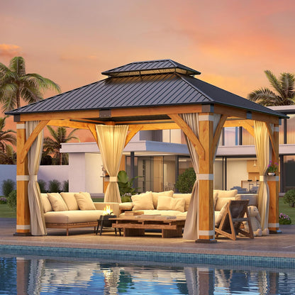 Luxurious 12’X 20’ Outdoor Spruce Wood Gazebo with Elegant Double Roof Design and Versatile Shelving