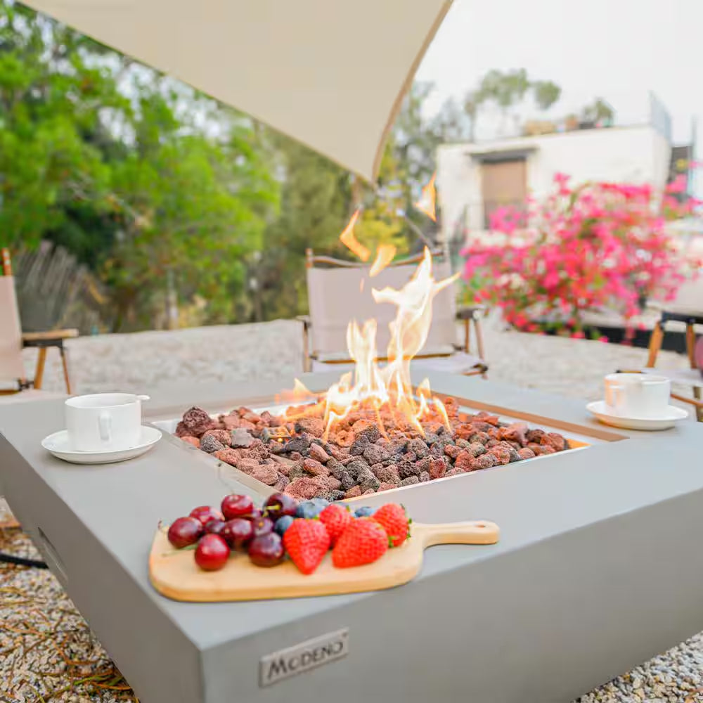 Westport 34" Grey Round Concrete Propane Fire Pit Table with Electronic Ignition, Cover & Lava Rock - Perfect for Cozy Evenings Outdoors!