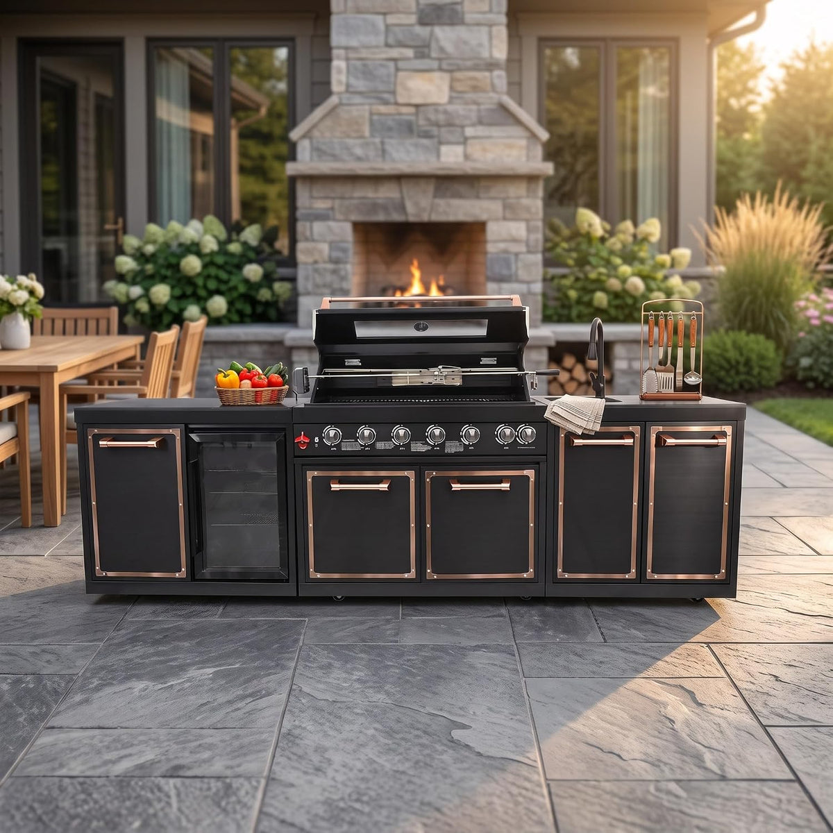 113.8-Inch Outdoor Kitchen Island Featuring Gas Grill and Infrared Rear Burner - Black Finish