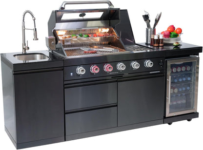 Professional Outdoor Kitchen Island Gas Grill System Featuring 4 Burners, Rotisserie Kit, Integrated Sink, Wine Cooler, and Granite Countertop