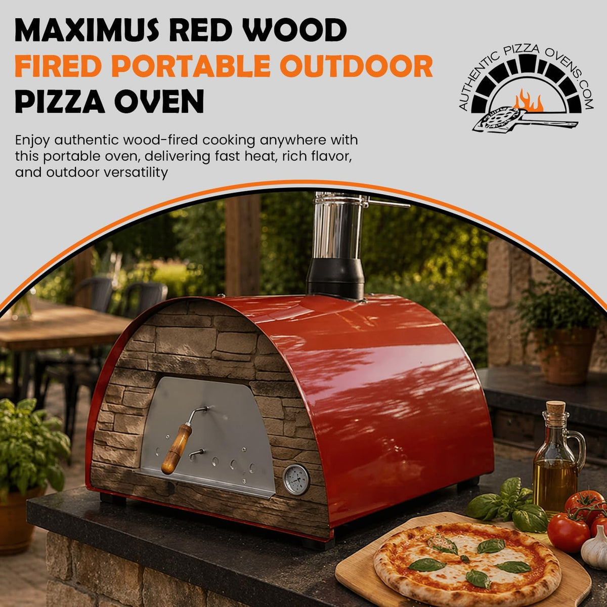 Maximus Red Wood-Fired Portable Outdoor Pizza Oven - Handmade in Portugal with Stainless Steel Chimney, Pizza Peel, Thermometer, Extra Floor Tile, and Baking Dish Included