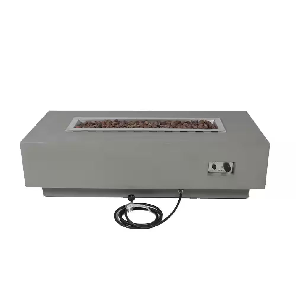 Granville 60" x 27" Rectangular Concrete Propane Fire Table with Lava Rocks and Protective Cover for Outdoor Settings