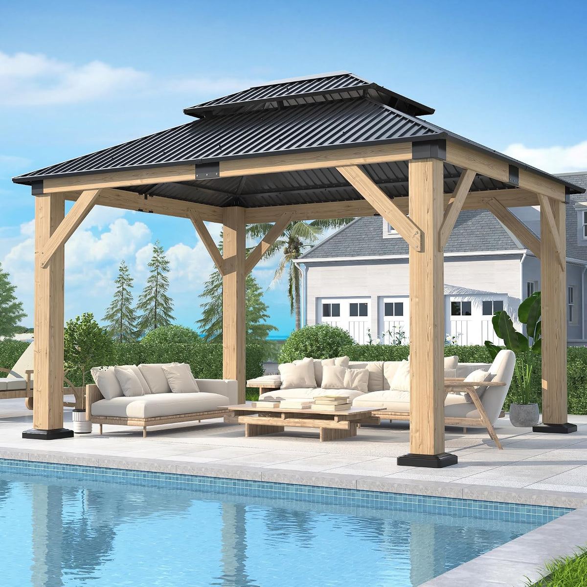 Luxurious 12’X 20’ Outdoor Spruce Wood Gazebo with Elegant Double Roof Design and Versatile Shelving