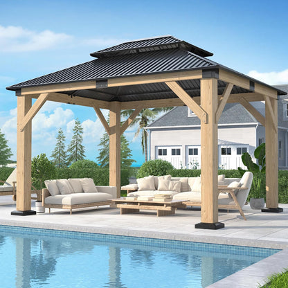 Luxurious 12’X 20’ Outdoor Spruce Wood Gazebo with Elegant Double Roof Design and Versatile Shelving