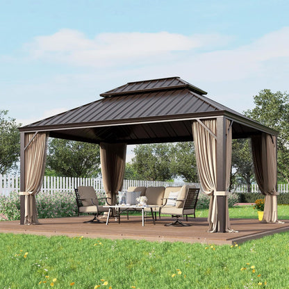 12x20 ft Hardtop Gazebo with Metal Frame, Netting, and Curtains
