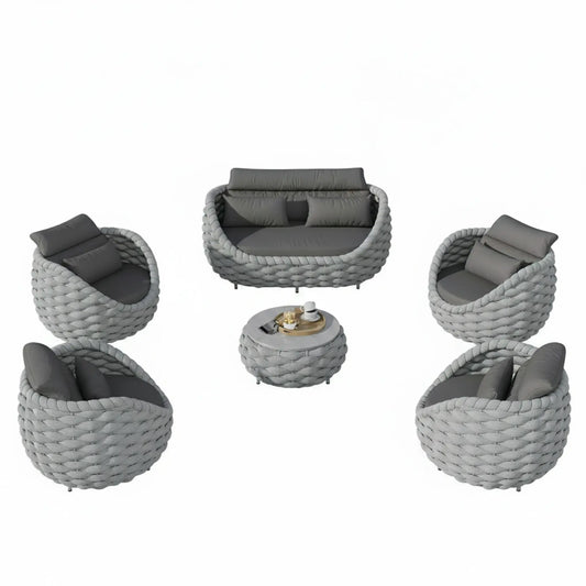 6-Piece Aluminum Patio Furniture Set,Polyester Light Grey W/Table | Olefin Rope Modern Outdoor Conversation Set Sectional Sofa with Water Repellent Thick Cushions for Balcony, Garden