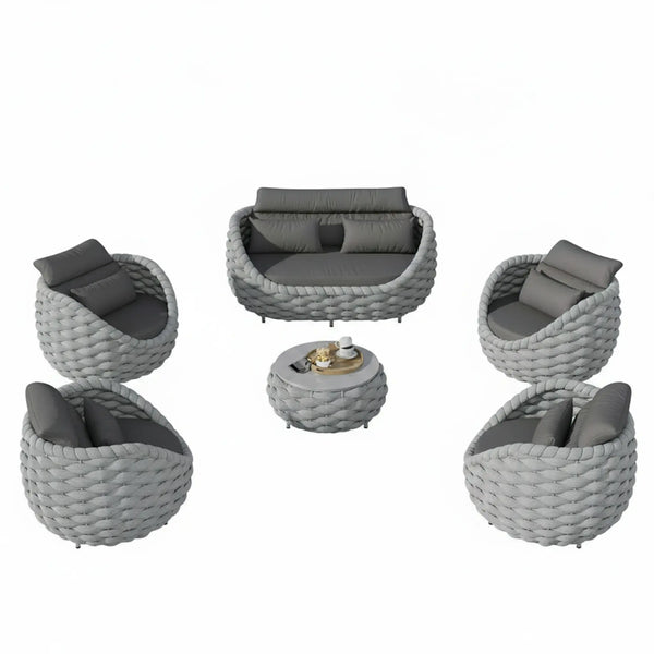 6-Piece Aluminum Patio Furniture Set,Polyester Light Grey W/Table | Olefin Rope Modern Outdoor Conversation Set Sectional Sofa with Water Repellent Thick Cushions for Balcony, Garden
