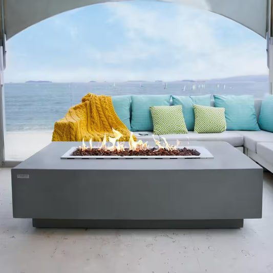 Granville 60" x 27" Rectangular Concrete Propane Fire Table with Lava Rocks and Protective Cover for Outdoor Settings