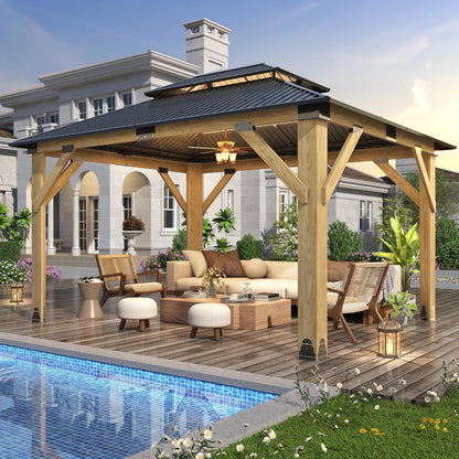 Luxurious 12’X 20’ Outdoor Spruce Wood Gazebo with Elegant Double Roof Design and Versatile Shelving