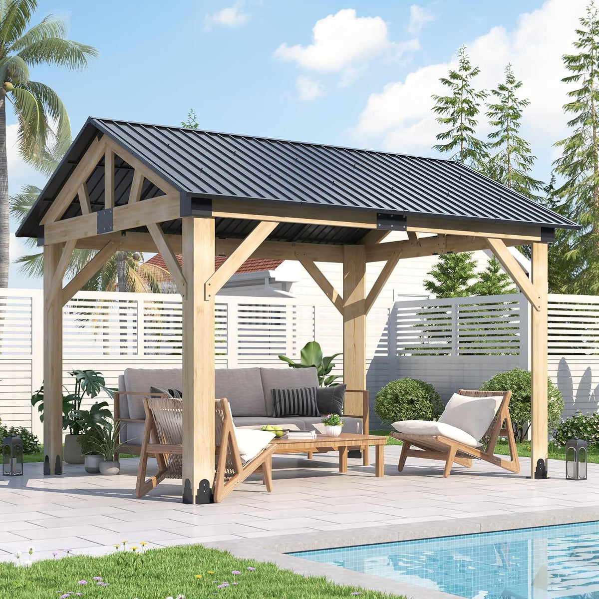 Luxurious 12’X 20’ Outdoor Spruce Wood Gazebo with Elegant Double Roof Design and Versatile Shelving
