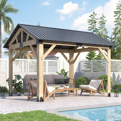 Luxurious 12’X 20’ Outdoor Spruce Wood Gazebo with Elegant Double Roof Design and Versatile Shelving