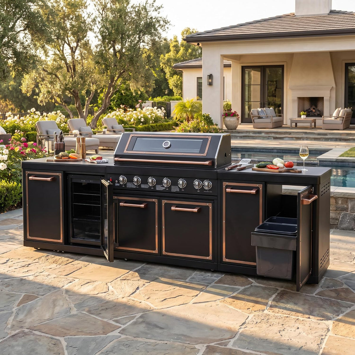 113.8-Inch Outdoor Kitchen Island Featuring Gas Grill and Infrared Rear Burner - Black Finish