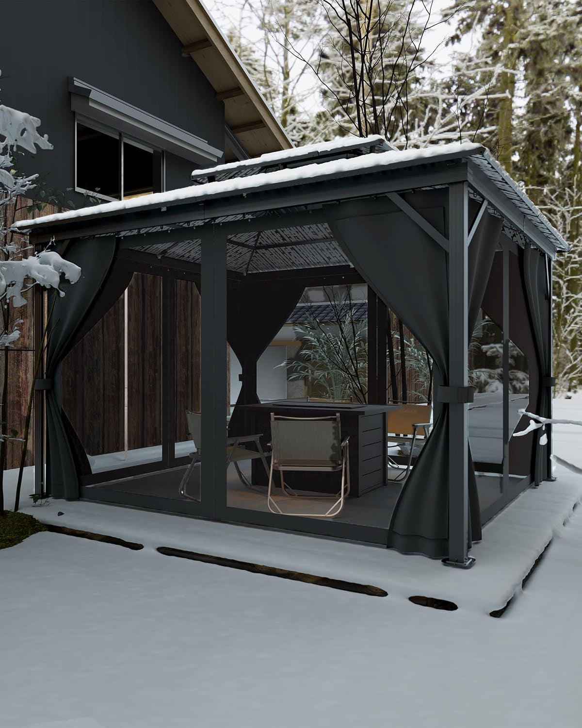 Elevate Your Outdoor Experience with Our 12X14 Ft Hardtop Gazebo - Heavy Duty Double Roof, Nettings, and Curtains for Ultimate Comfort and Style in Grey
