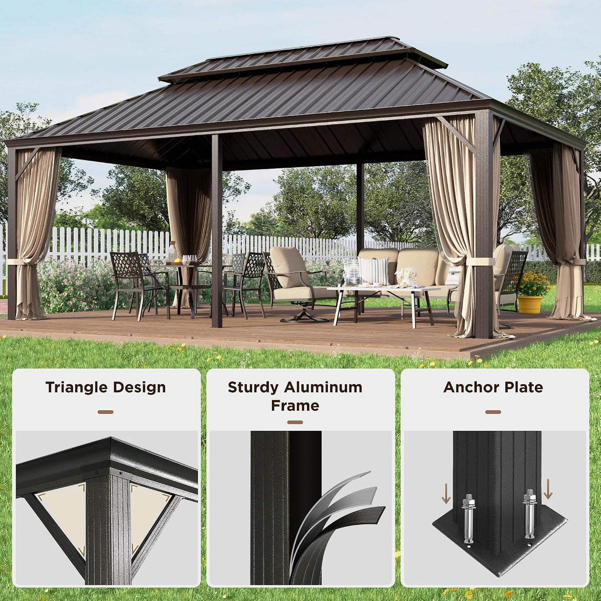 12x20 ft Hardtop Gazebo with Metal Frame, Netting, and Curtains