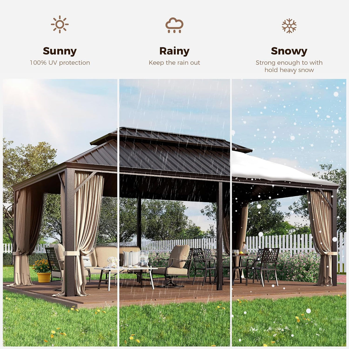 12x20 ft Hardtop Gazebo with Metal Frame, Netting, and Curtains