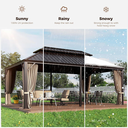 12x20 ft Hardtop Gazebo with Metal Frame, Netting, and Curtains