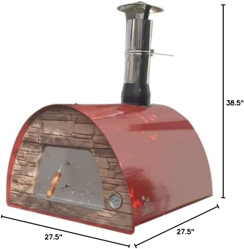 Maximus Red Wood-Fired Portable Outdoor Pizza Oven - Handmade in Portugal with Stainless Steel Chimney, Pizza Peel, Thermometer, Extra Floor Tile, and Baking Dish Included