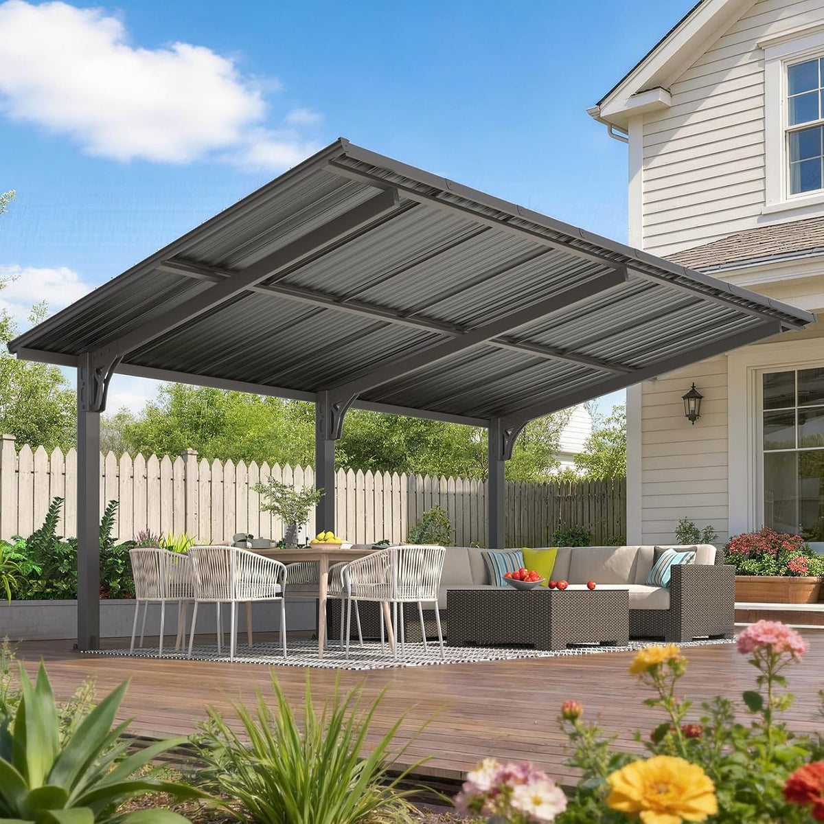 Stylish 10' x 10' Lean-To Gazebo & Pergola - Durable Hard Top Carport for Patios & Decks
