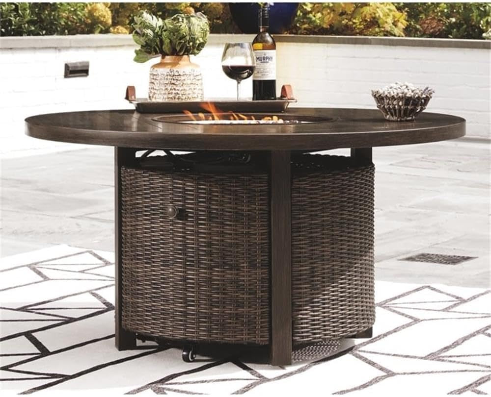 Upgrade Your Outdoor Space with the Signature Design by Ashley Brown Paradise Trail Round Wicker Fire Pit Table