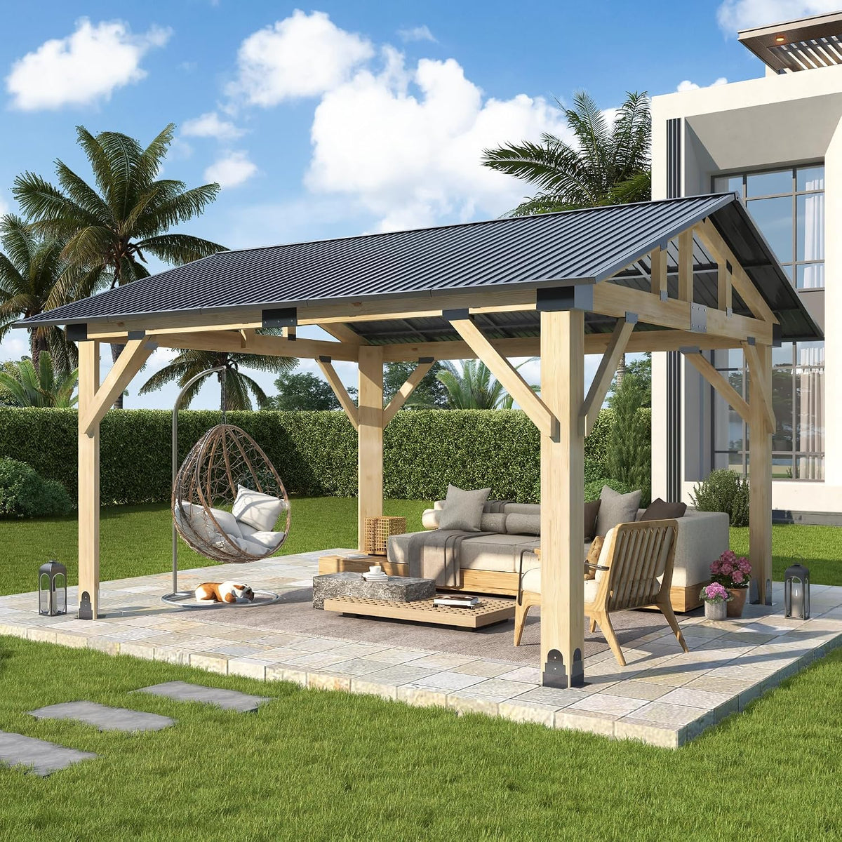 Luxurious 12’X 20’ Outdoor Spruce Wood Gazebo with Elegant Double Roof Design and Versatile Shelving