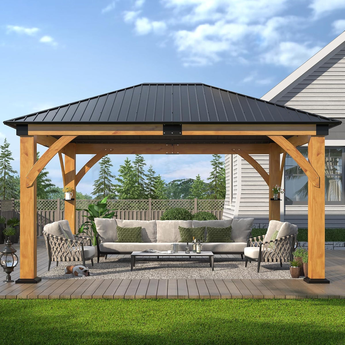 Luxurious 12’X 20’ Outdoor Spruce Wood Gazebo with Elegant Double Roof Design and Versatile Shelving