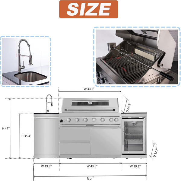 Outdoor Kitchen Island Built to Transform Patios, 85000 BTU 6-Burner, Wine Cooler, Granite Countertop