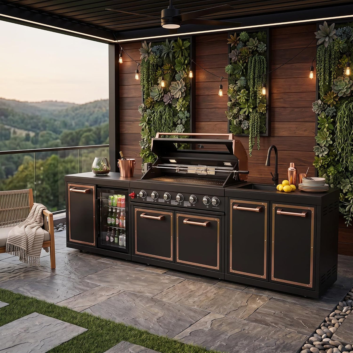113.8-Inch Outdoor Kitchen Island Featuring Gas Grill and Infrared Rear Burner - Black Finish