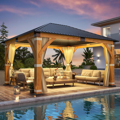 Luxurious 12’X 20’ Outdoor Spruce Wood Gazebo with Elegant Double Roof Design and Versatile Shelving