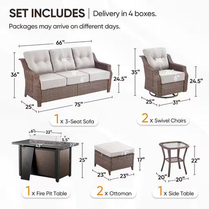 Chic Modern Farmhouse 7-Piece Brown Wicker Patio Set with Beige Cushions & Stylish Metal Fire Pit