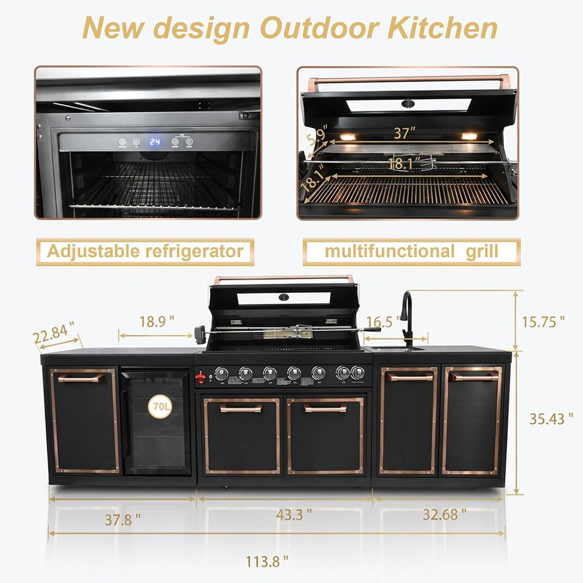 113.8-Inch Outdoor Kitchen Island Featuring Gas Grill and Infrared Rear Burner - Black Finish