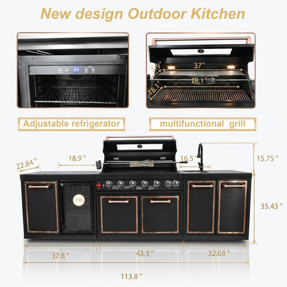 113.8-Inch Outdoor Kitchen Island Featuring Gas Grill and Infrared Rear Burner - Black Finish