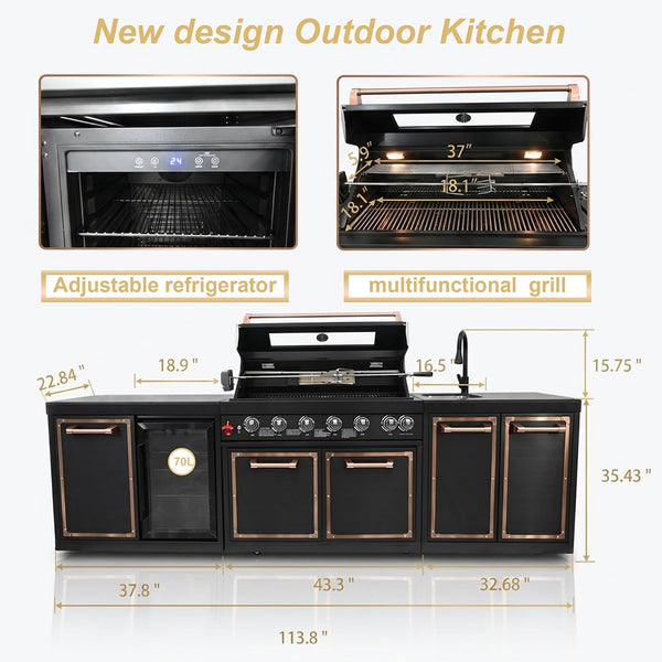 113.8-Inch Outdoor Kitchen Island Featuring Gas Grill and Infrared Rear Burner - Black Finish