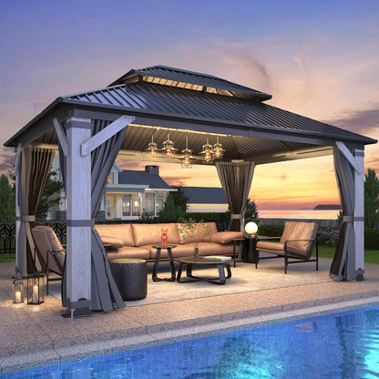 Luxurious 12’X 20’ Outdoor Spruce Wood Gazebo with Elegant Double Roof Design and Versatile Shelving