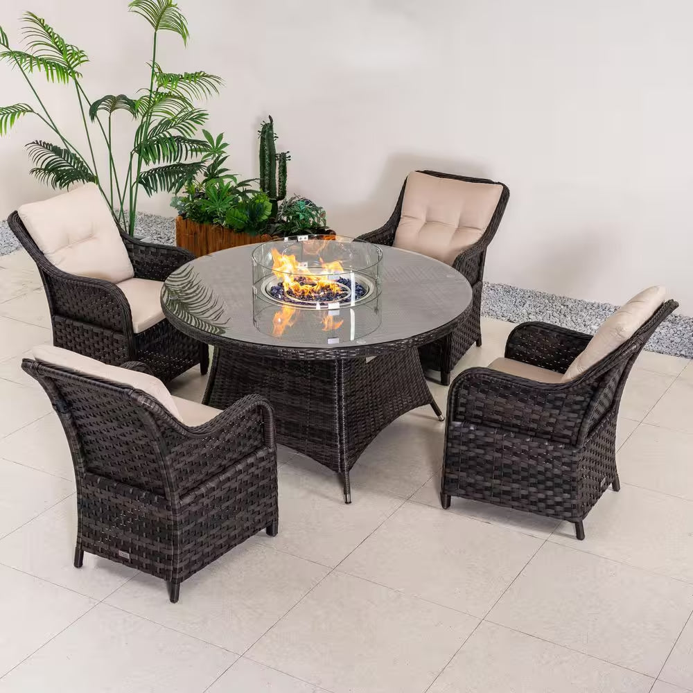 Luxurious 5-Piece Outdoor Patio Fire Pit Conversation Set with Cushioned Armchairs and Stylish Fire Pit Table