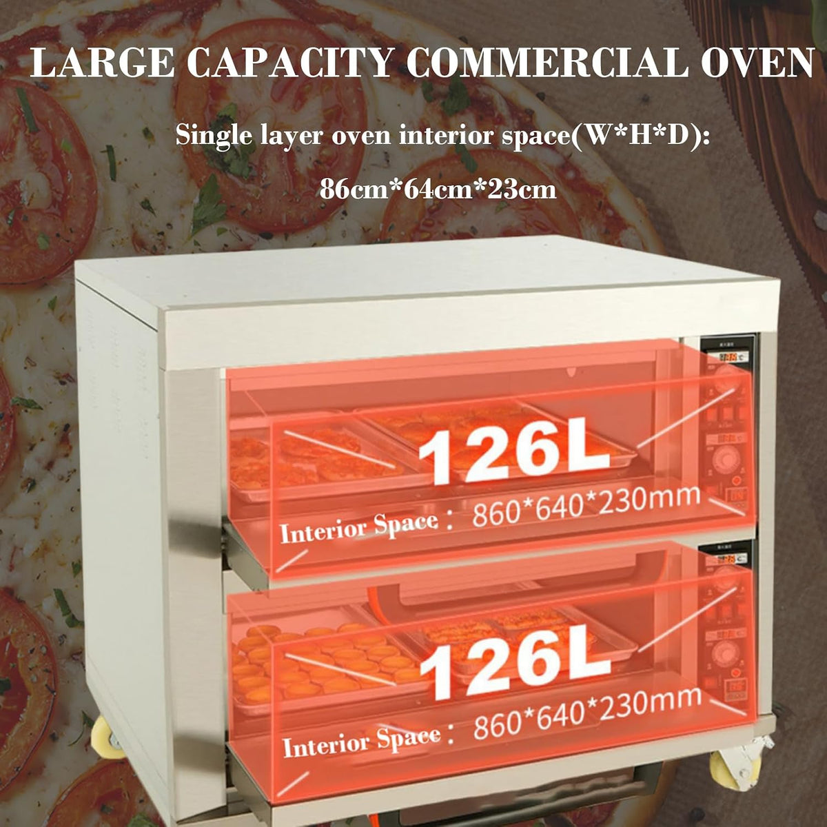 Commercial 13.2KW Double Deck Pizza Oven - Stainless Steel Movable Multipurpose Oven for Bread, Meats, and Pastries with Large Capacity and Wheels, 220V/3PH