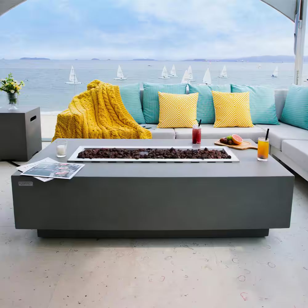 Granville 60" x 27" Rectangular Concrete Propane Fire Table with Lava Rocks and Protective Cover for Outdoor Settings