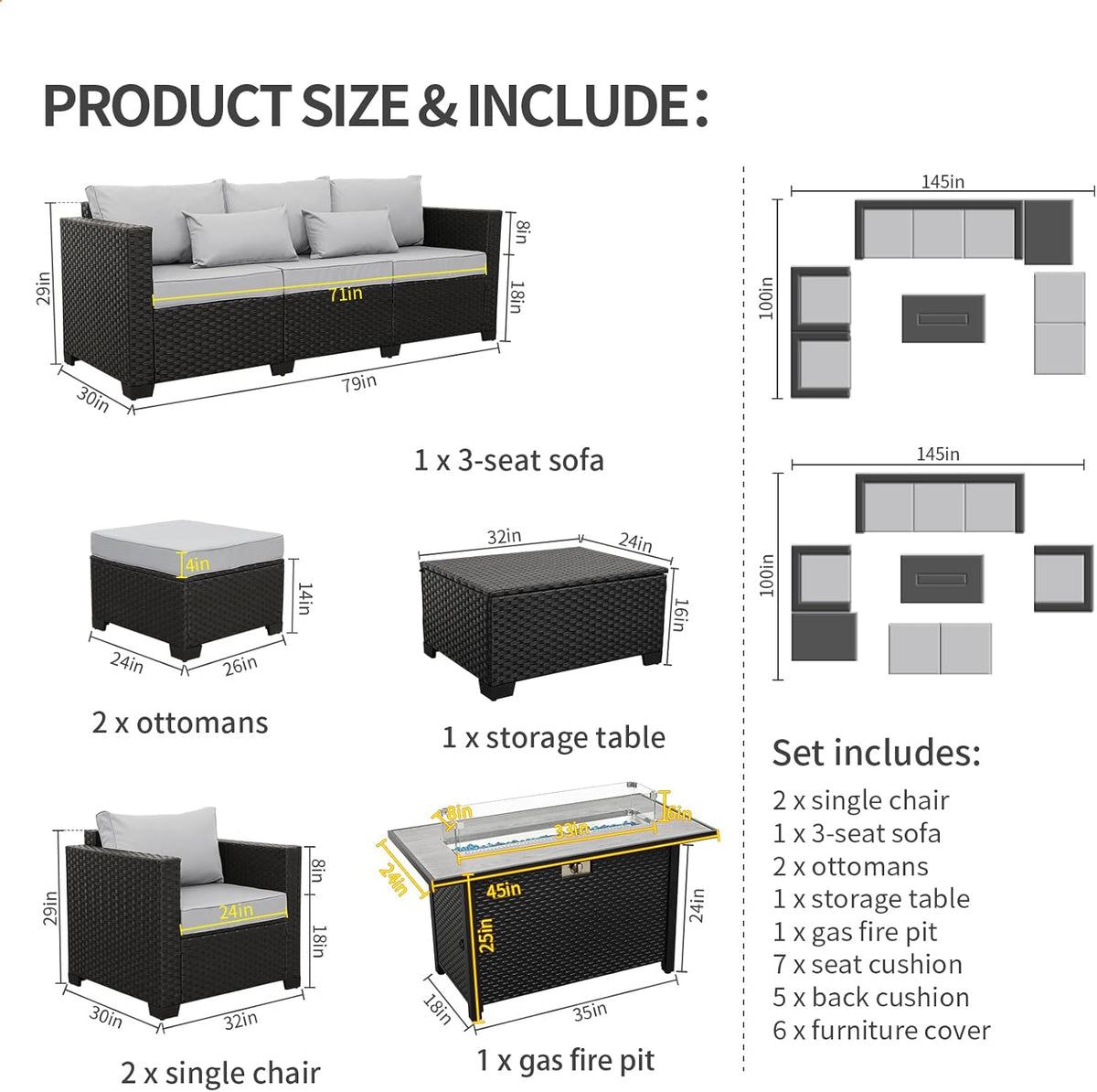 Luxurious 7-Piece Outdoor Patio Furniture Set with 45-Inch Propane Fire Pit Table - 60000 BTU, Light Grey Sofa & Chairs, Anti-Slip Cushions, Waterproof Covers