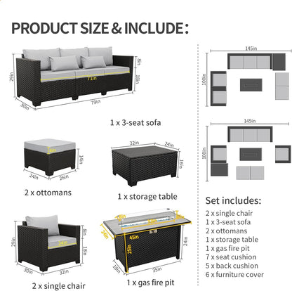 Luxurious 7-Piece Outdoor Patio Furniture Set with 45-Inch Propane Fire Pit Table - 60000 BTU, Light Grey Sofa & Chairs, Anti-Slip Cushions, Waterproof Covers