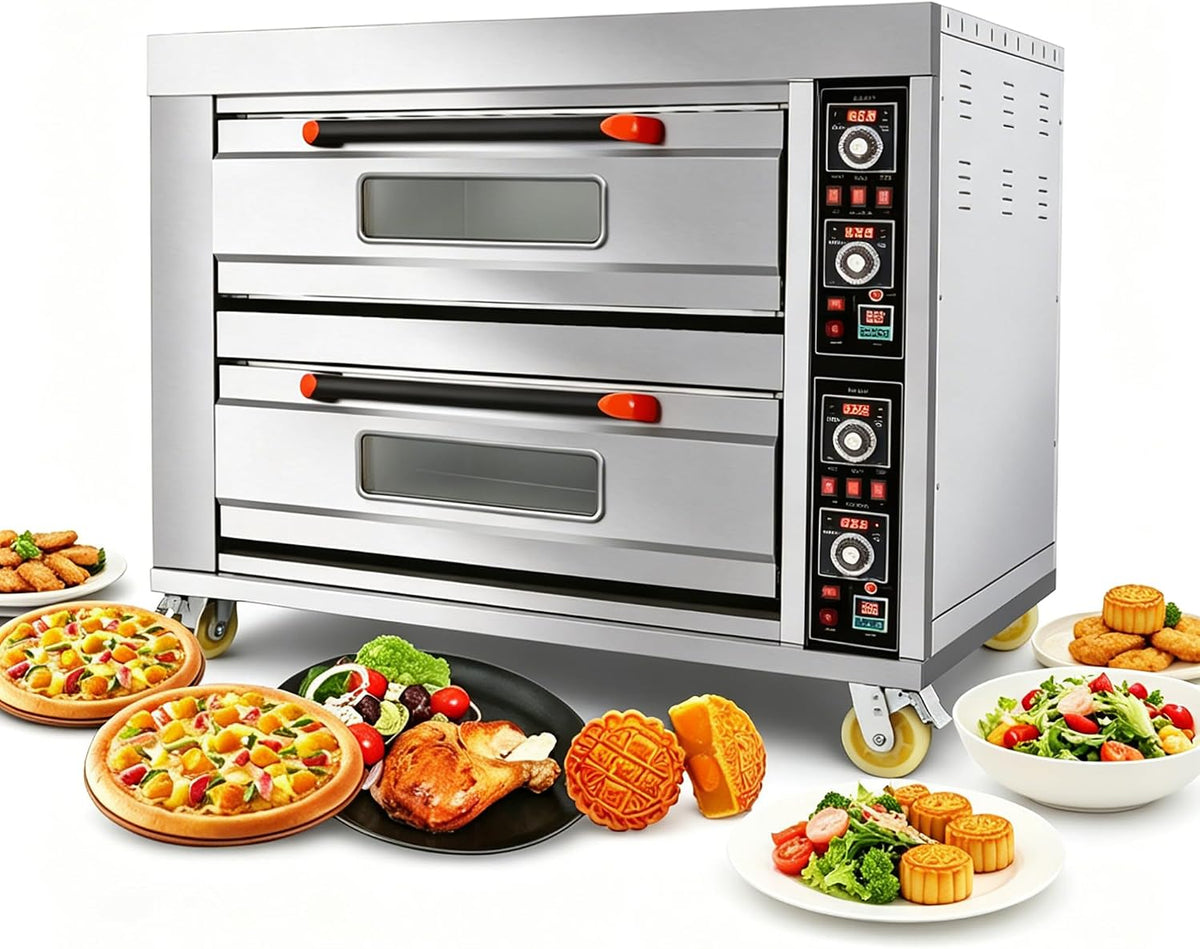 Commercial 13.2KW Double Deck Pizza Oven - Stainless Steel Movable Multipurpose Oven for Bread, Meats, and Pastries with Large Capacity and Wheels, 220V/3PH